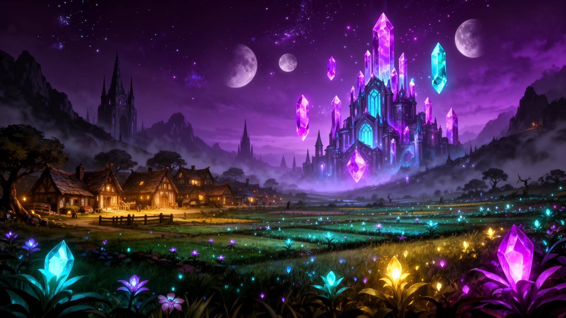 The glowing crystal city of Astralis at night, surrounded by enchanted mana fields